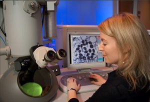 Female scientist using microscope to analyze samples.